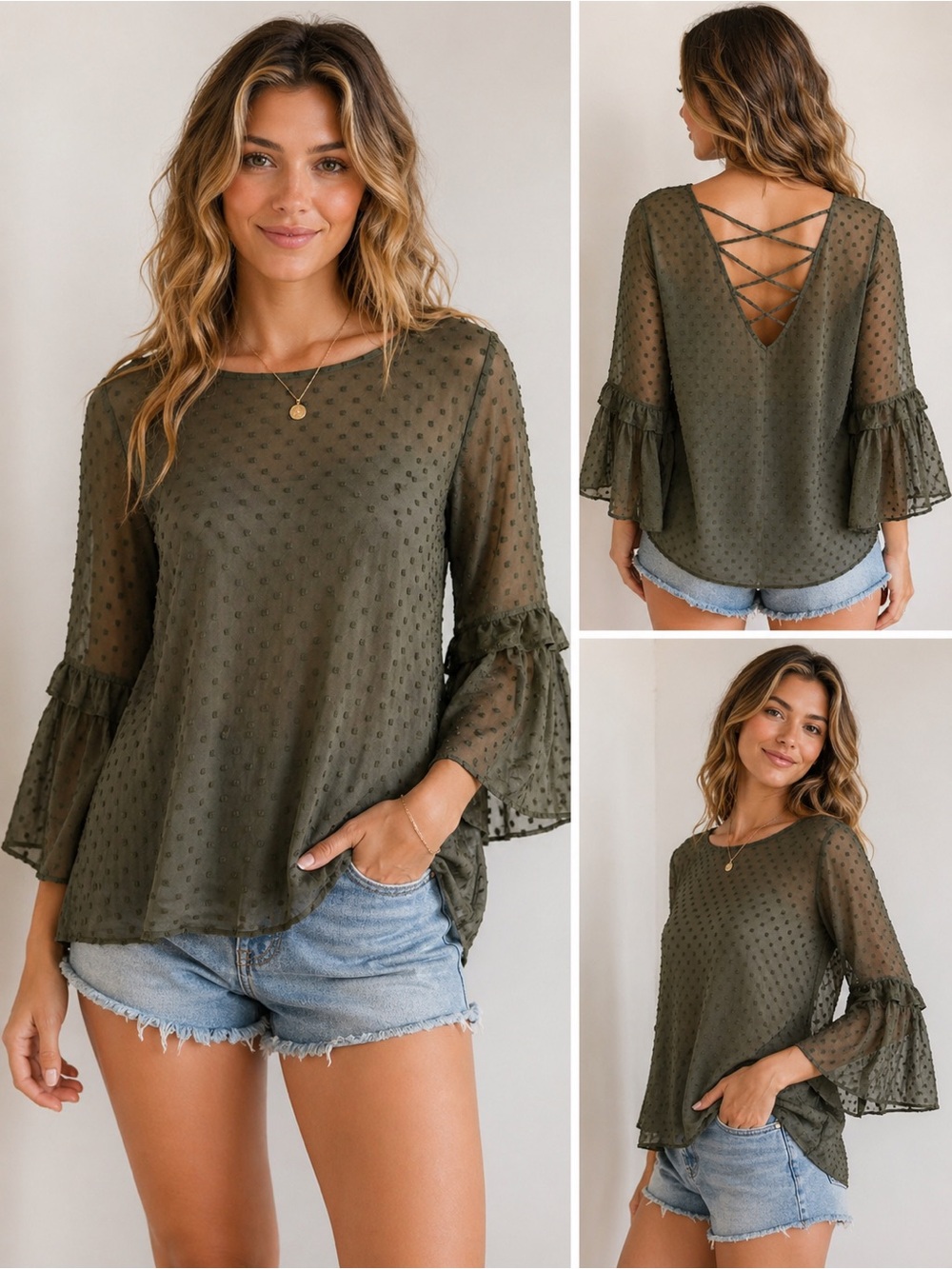 Krazy Kat Olive Green Sheer Swiss Dot Bell Sleeve Blouse – Women’s Medium